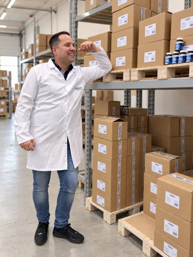 Hala zakładu Humavit: osoba w firmowym fartuchu przy paletach z kartonami gotowych produktów