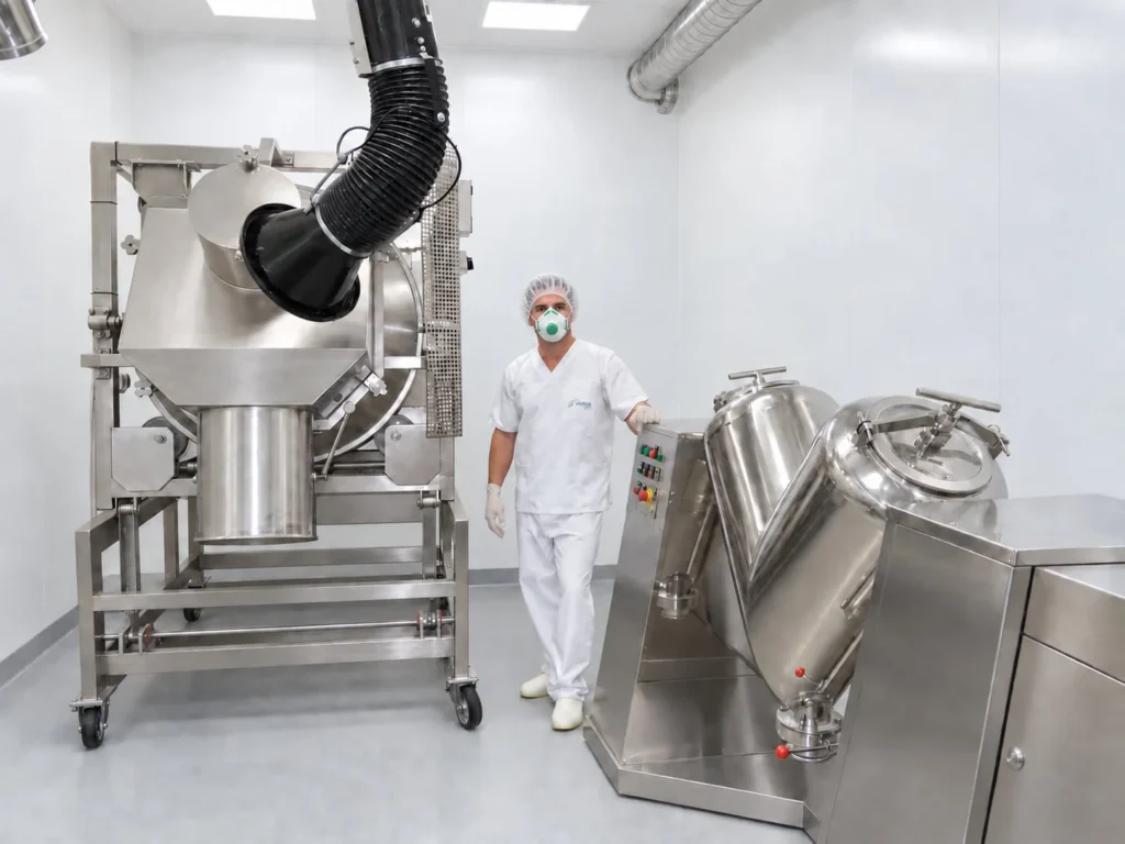 Mieszalnik surowców w hali produkcyjnej, obsługiwany przez pracownika w stroju ochronnym