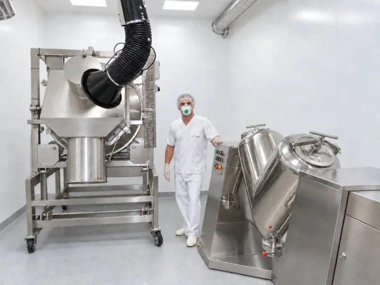 Mieszalnik surowców w hali produkcyjnej, obsługiwany przez pracownika w stroju ochronnym